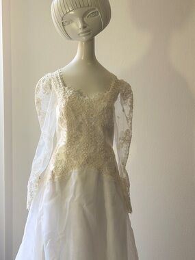 Priscilla of Boston Ivory Lace Long Sleeve Bridal Gown with Full Skirt